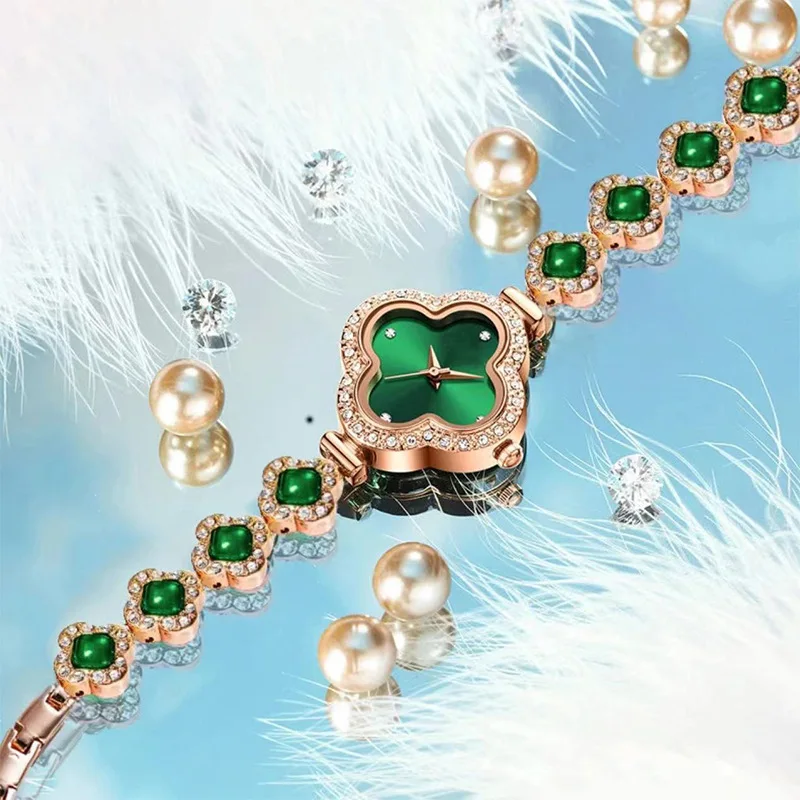 Women Quartz Watch Luxury Four Leaf Clover Bracelet Quartz Watches for Women Emerald Green Fashion Timepiece Female Wristwatch