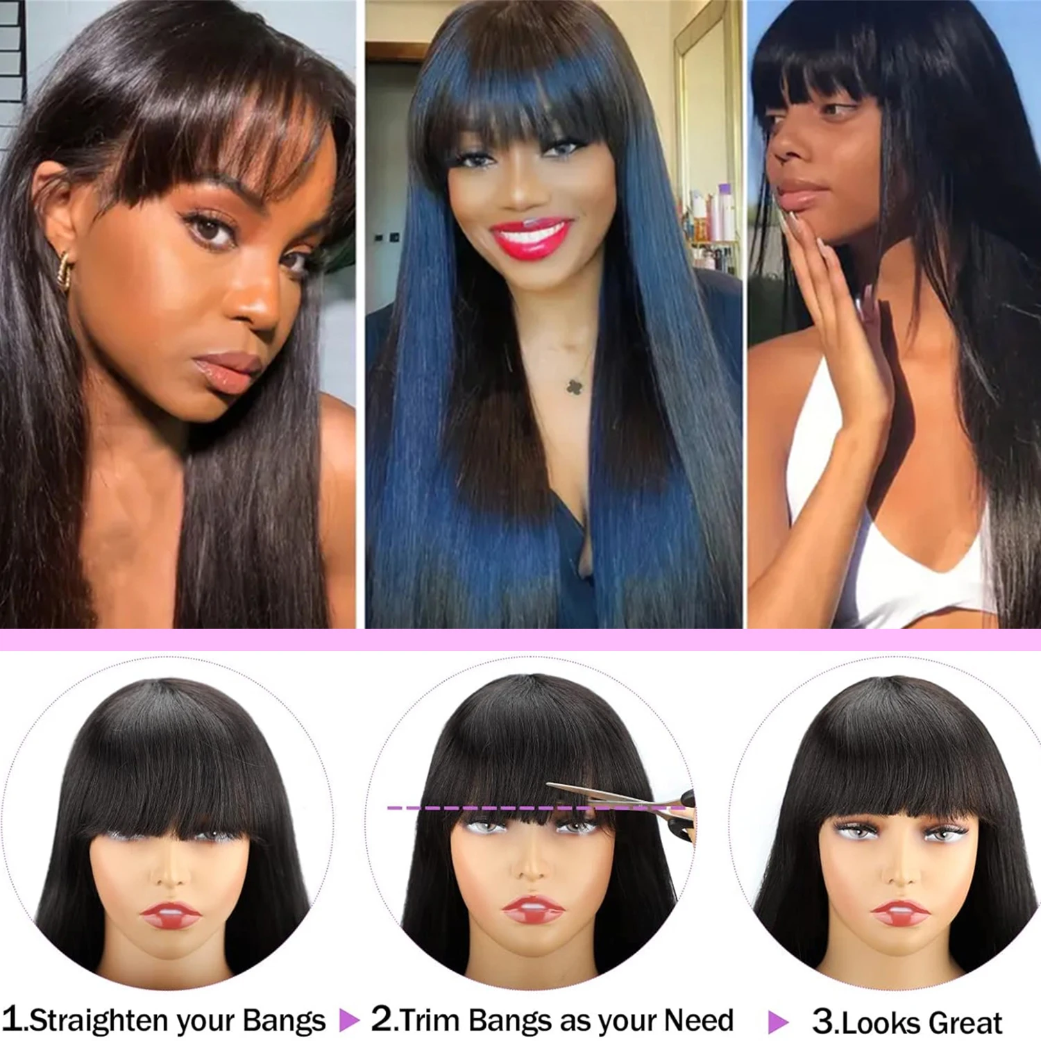 Parrucca diritta per capelli umani per donna Parrucca brasiliana per capelli Remy con botto Parrucca fatta a macchina con densità del 180% con frangia Colore naturale