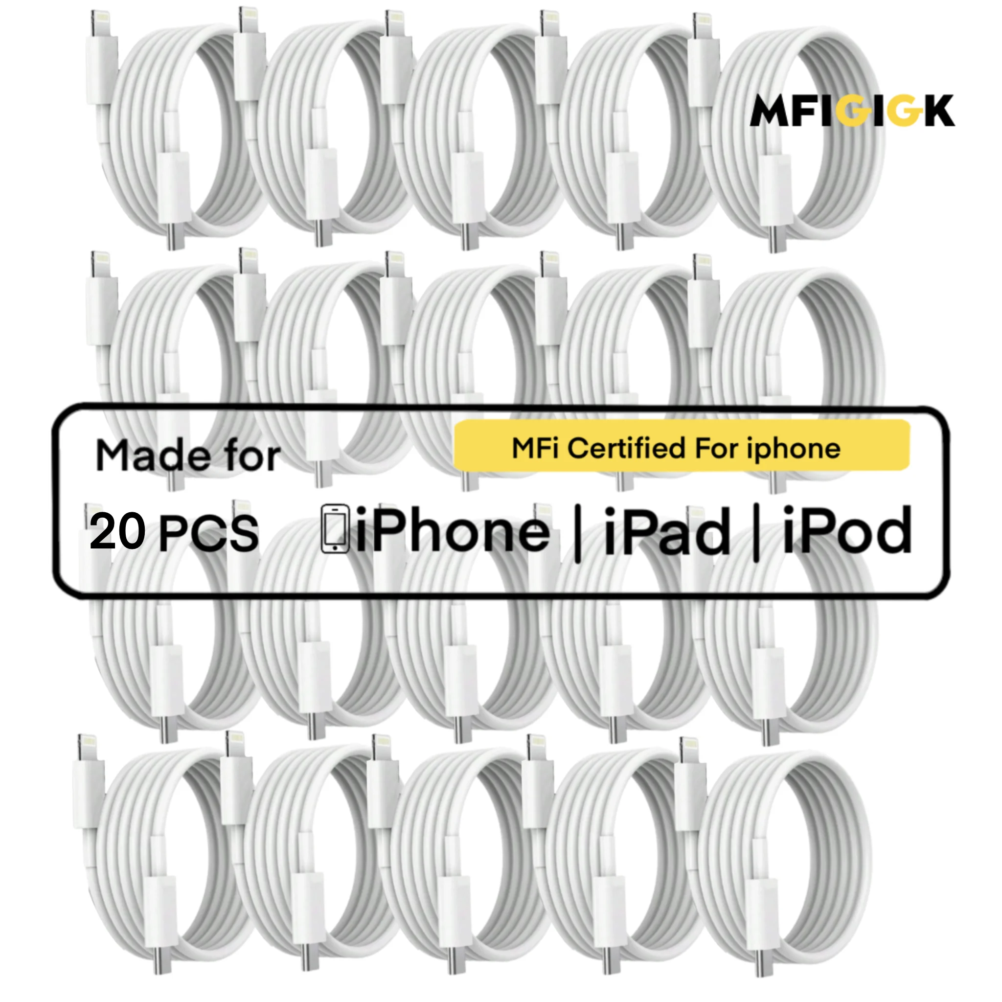 

MFIGlGK [20 шт. Быстрый iPhone 20 шт. MFI, совместимый с iPhone 14/13/12/11 Pro, iPad, iPod, поддержка быстрой зарядки