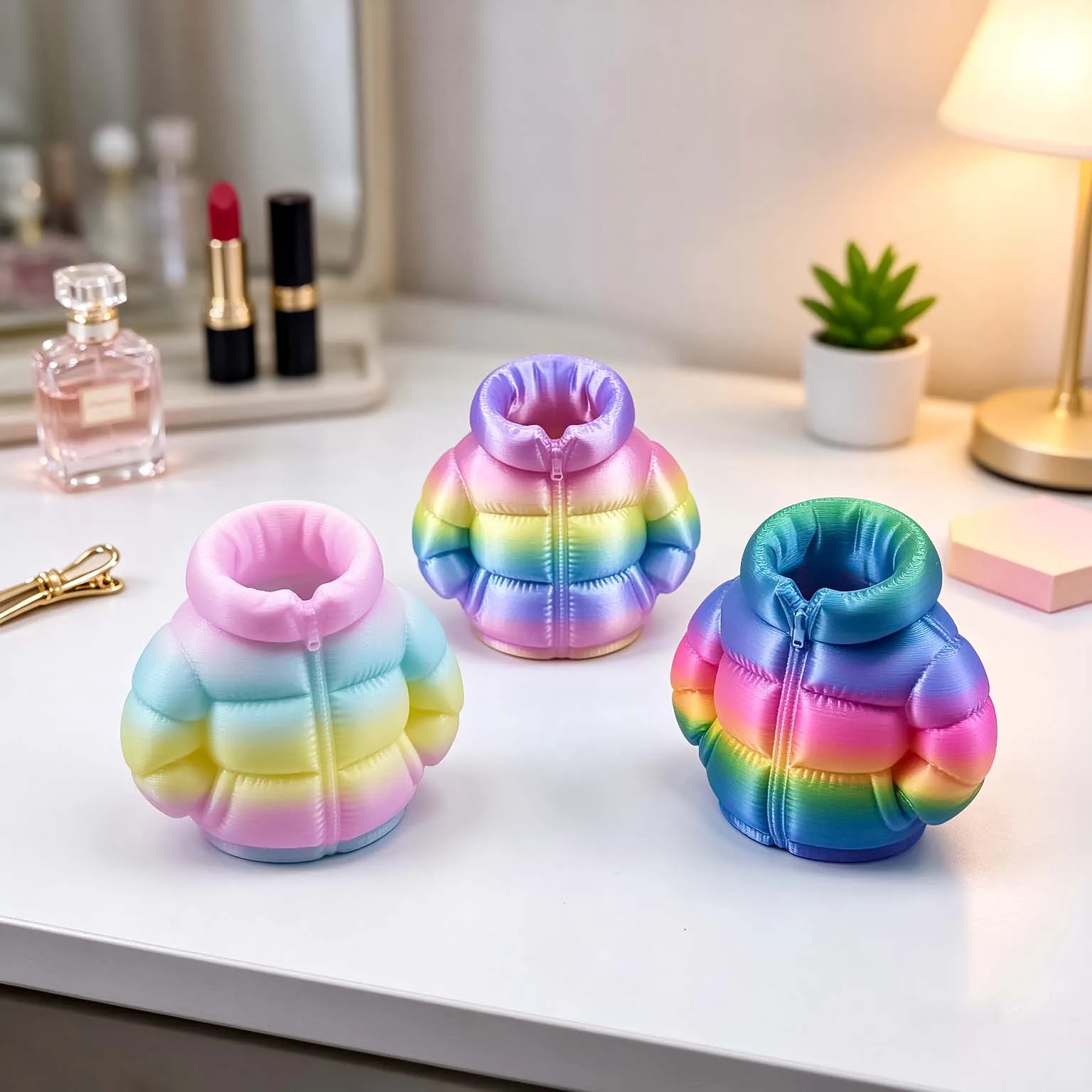 Cute 3D Print Puffer Jacket Pen Holder Rainbow Multi-color Desk Storage Box Makeup Brush Organizer Creative Stationery Gift