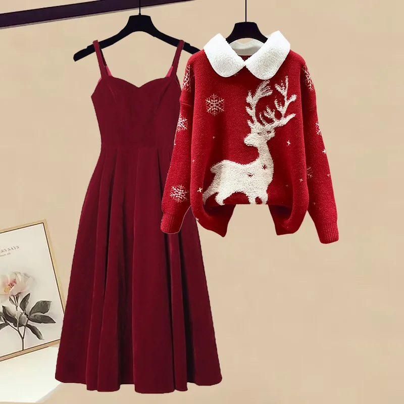 Autumn and Winter Fashion Women\'s Set New Christmas Dress with Red Sweater and Temperament Strap Skirt Two Piece Set