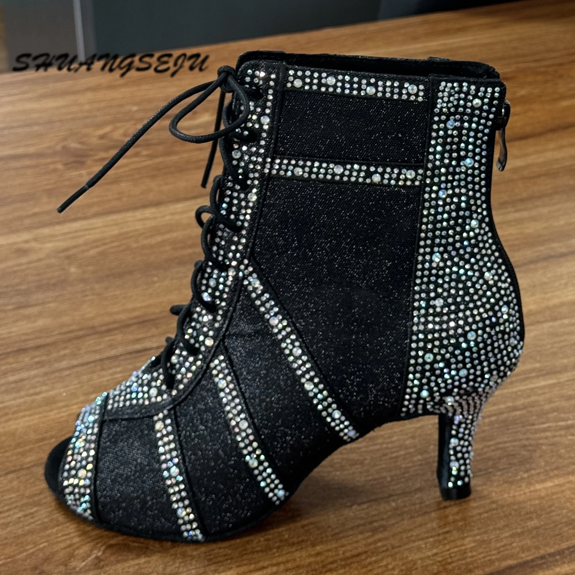 SHUANGSEJU Black Gretel Latin Dance Shoes High Top Heels Lace-up Sparkling Jazz Ankle Boots Bachata Performance Dancing Shoes