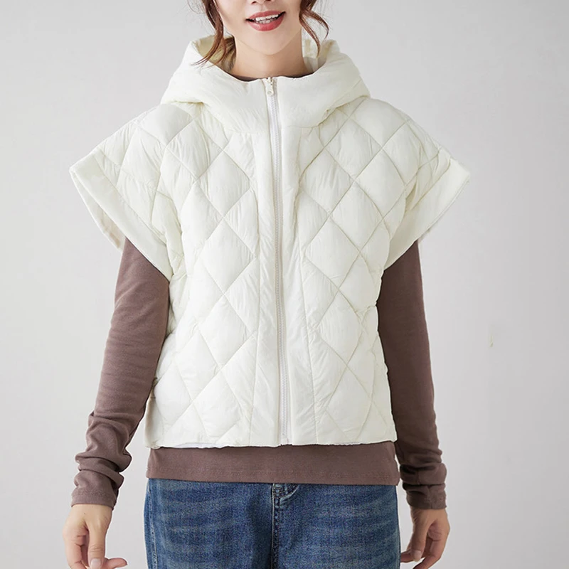 Autumn Winter Hooded Puff Fluffy Down Vest Female Diamond Grid Zipper Sleeveless Waistcoat Women White Duck Down Warm Loose Vest