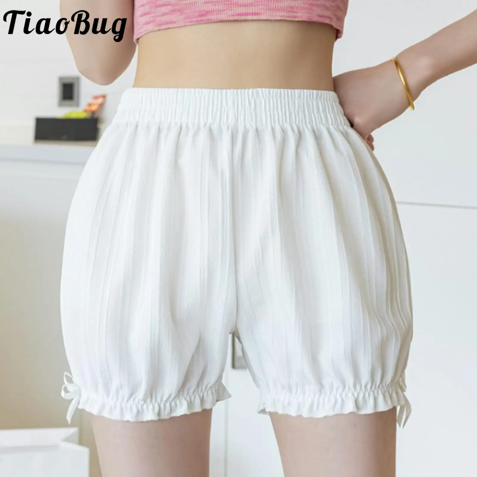 

Womens Solid Color Bowknot Frilly Bloomers Shorts Elastic Waistband Panties Underwear Homewear Loungewear