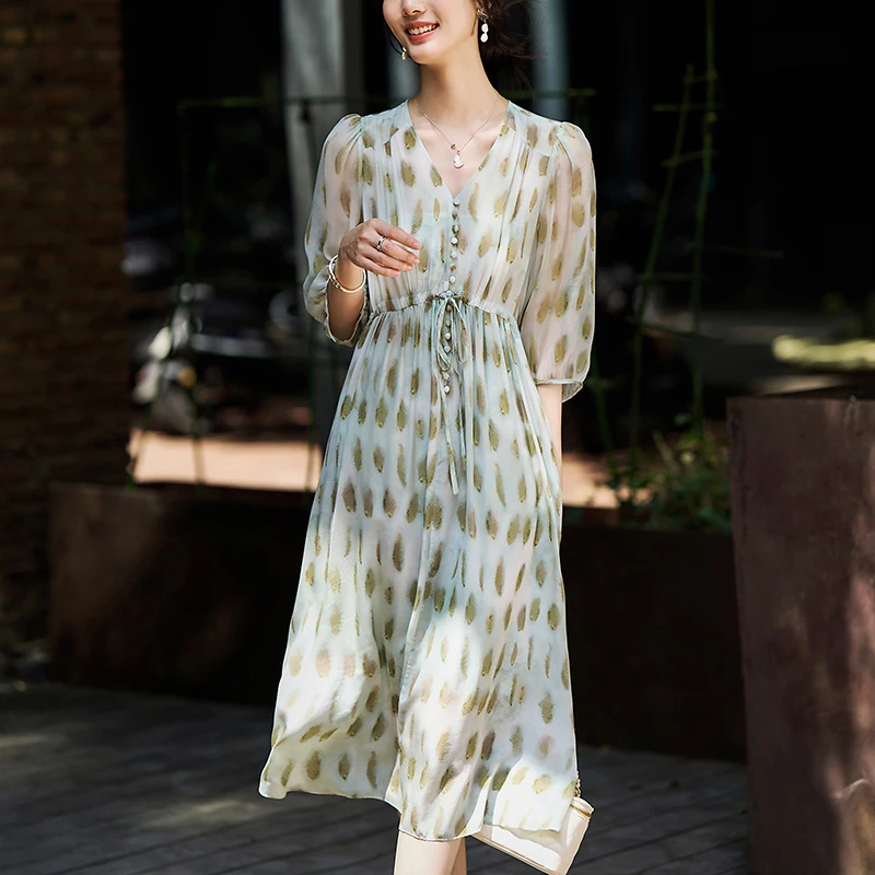 New 100% Real Silk Elegant Dresses For Women Summer V-neck Holiday Style Women's Long Dress Woman Fashion Print Dress A-line