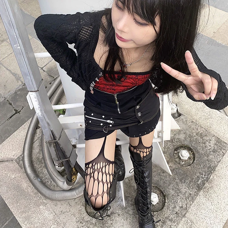 Newjapan Harajuku Stoking Jaring-jaring Berongga Mode Wanita Berongga Hitam Gotik Seluruh Tubuh Stoking Pantyhose Jaring