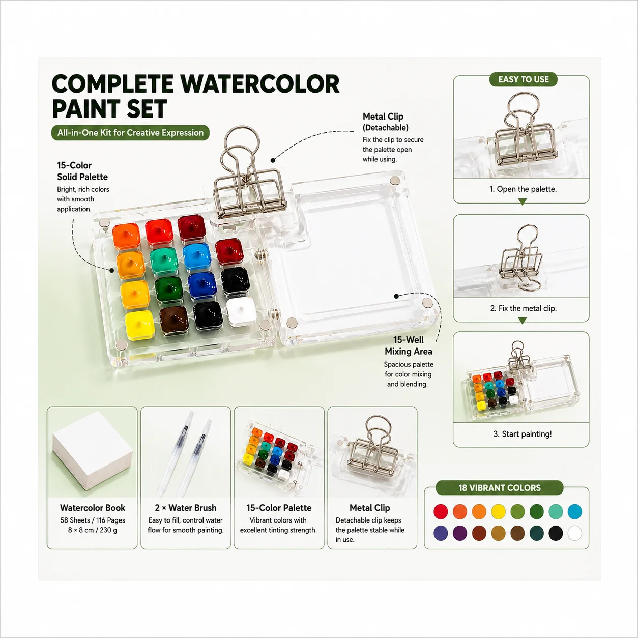 Pocket Size 18 Colors Watercolor Paint Set, Mini Travel Watercolor Kit with Water Brushes, Sketchbook, Palette Art Supplies