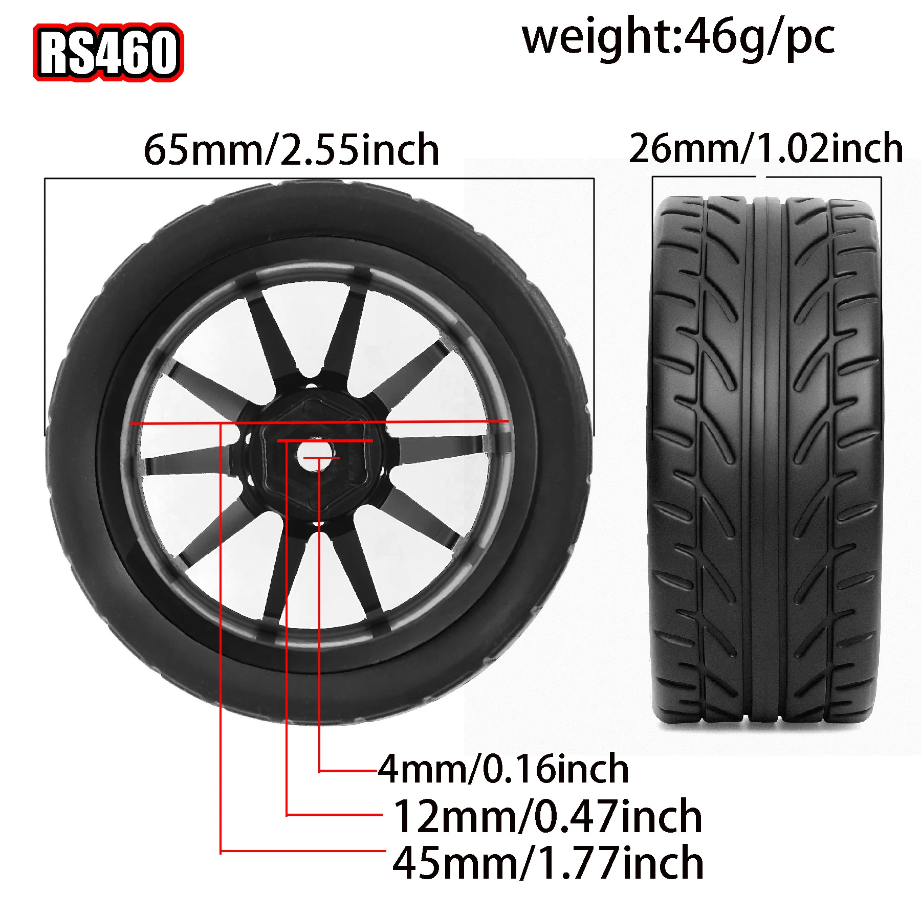 4 Uds neumáticos de goma y llantas de plástico cubo hexagonal de 12mm Compatible con HSP Tamiya HPI Kyosho Redcat ExceedRC 1/10 Touring Ca en carretera