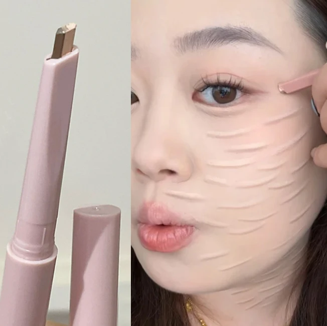 Double Ended Liggende Zijderups Potlood 2 in 1 Markeerstift Naakt Roze Bronzer Lagere Ooglid Contour Eyeliner Make-Up Stick met Borstels