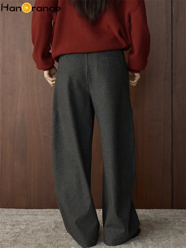 Hanorange 2025 inverno moda lã curvada faca em forma de calças femininas soltas alisamento flacidez cinza escuro