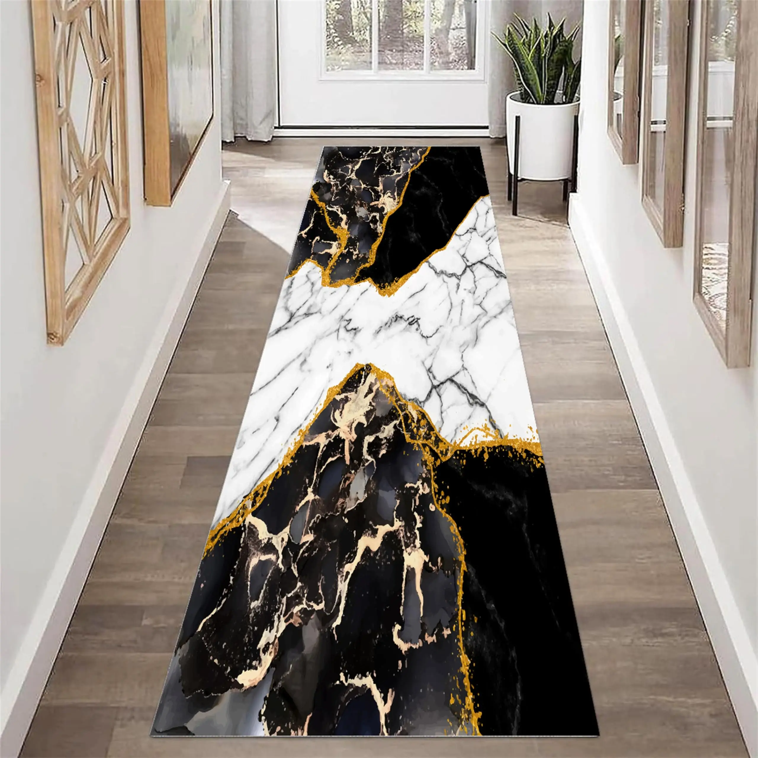 Vintage Baroque Runner Carpet Black Gold Area Rug Anti Slip Agate Waves Design Living Room Hallway Entrance Floor Mat