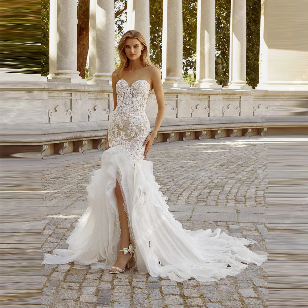 エレガントなレースプリントマーメイド女性ブライダルガウン恋人襟ノースリーブウェディングドレス宴会 Vestidos デノビアカスタマイズ