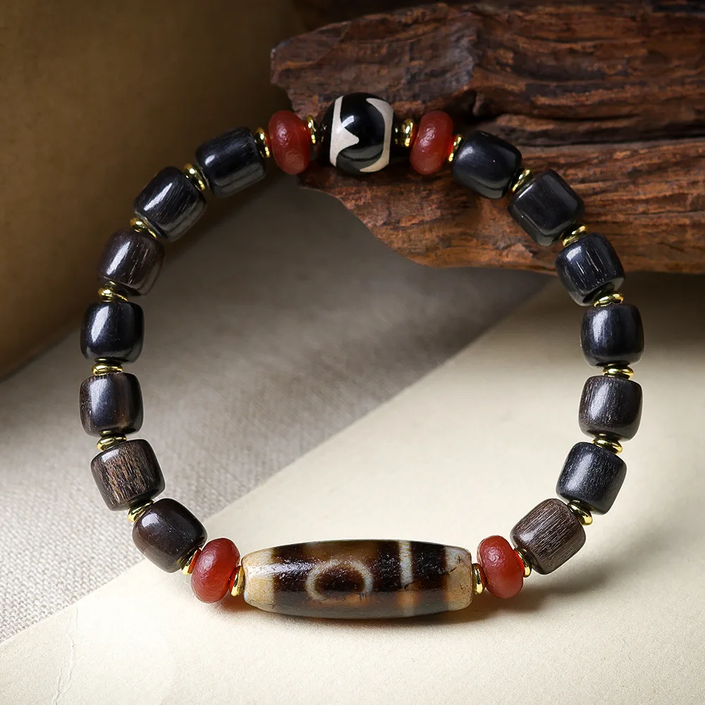 Original design black ram's horn single-ring bracelet playthings three-eyed tiger's tooth dzi agate ethnic style string