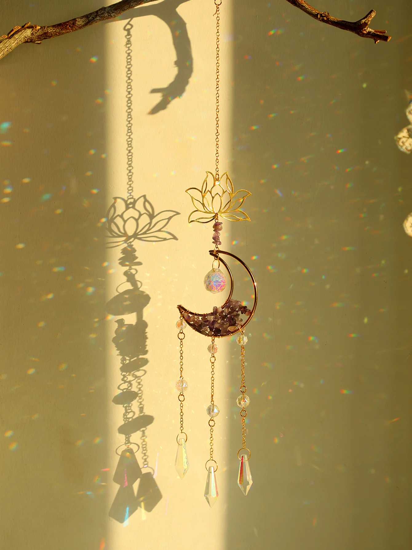 Suncatcher Lotus Moon Purple Crystal Wind Chime Window Wall Hanging Rainbow Maker Light Catcher Home Garden Decor Crafts Gift