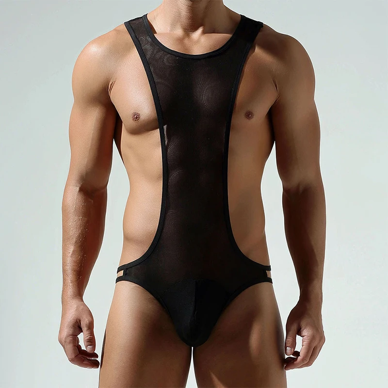 Sexy Slim Fit See Through Jumpsuits Mens Summer Fashion Mesh Bodycon Pajamas Men Sleepwear Casual Breathable Sleeveless Overalls