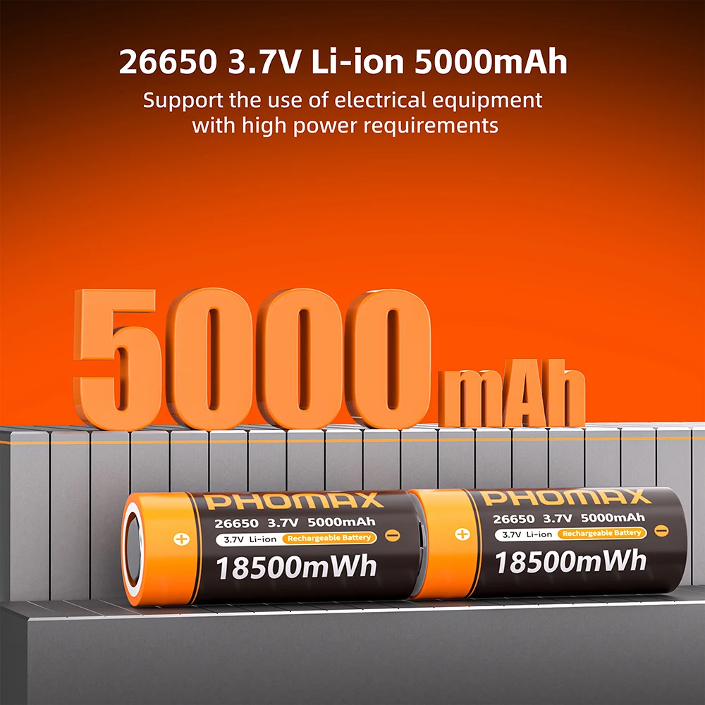 PHOMAX 3.7V 5000mAh Lithium Rechargeable Battery for High-power Flashlights Fans Built-in Battery Cell Electric solar lights Toy