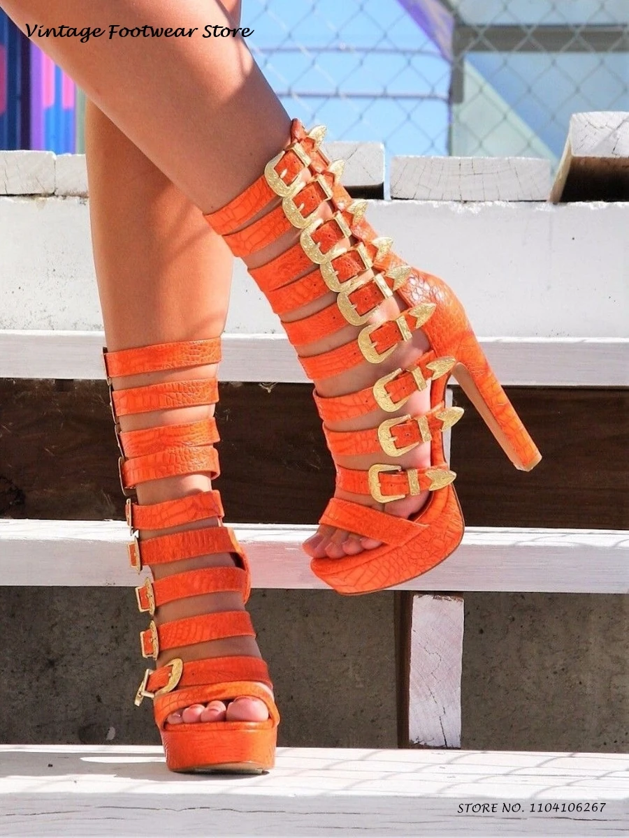 

Кожаные сандалии на платформе с принтом питона, летние вечерние модельные туфли с несколькими пряжками и ремешками, модные женские туфли на высоком каблуке с круглым открытым носком