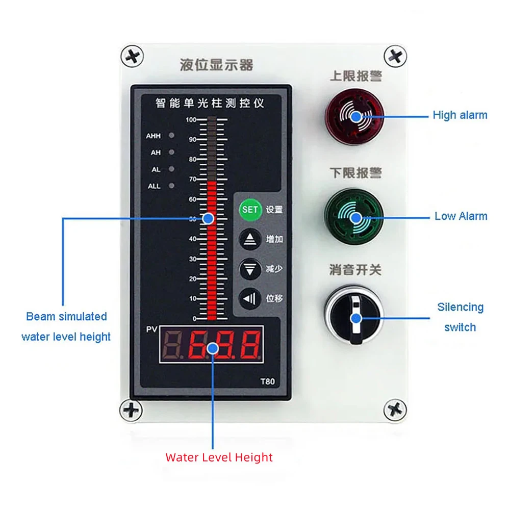 Liquid Level Transmitter Input Type Water Tank Level Meter Digital Display Water Level Switch Alarm Box with 5M Probe ABS Shell