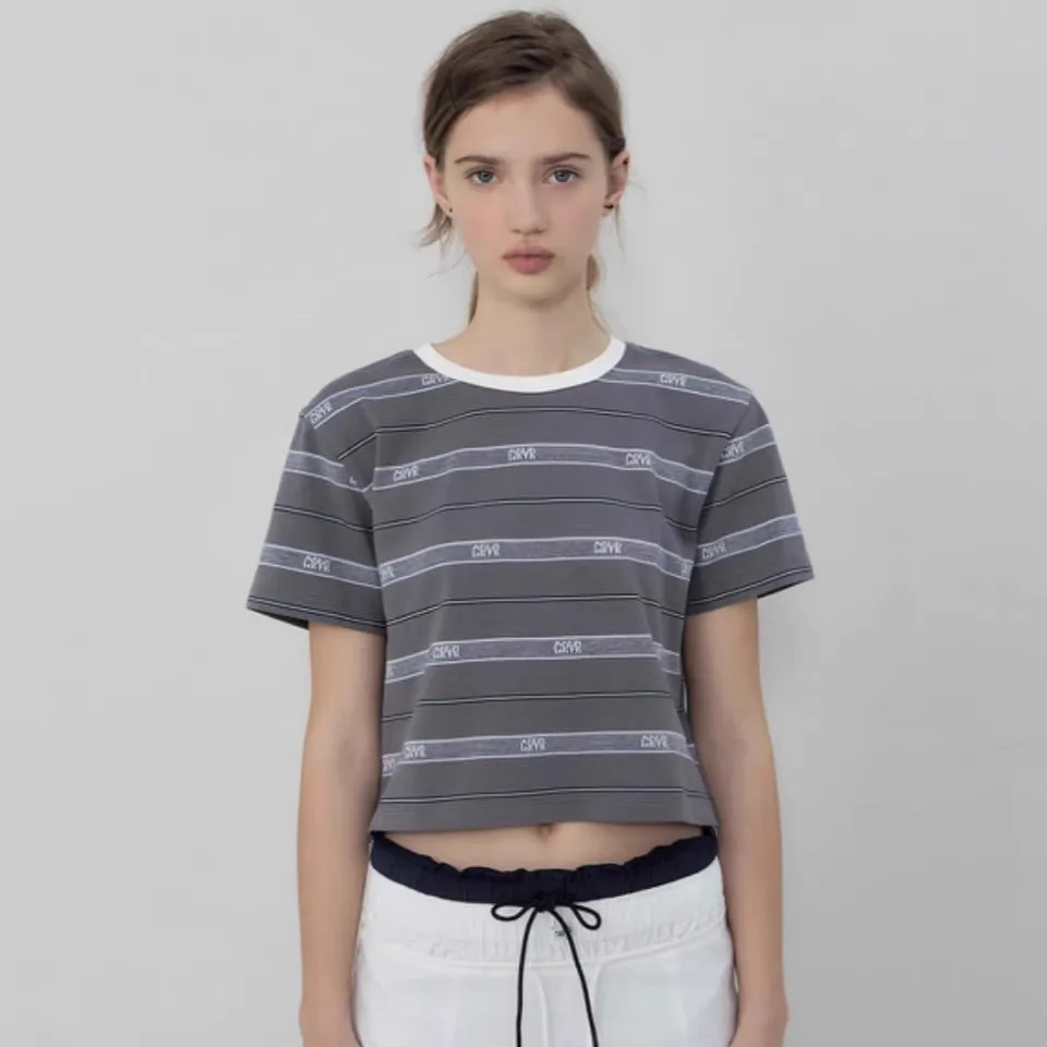 

Summer 2025 New round Ne Striped f Button ort Sve T irt Top for Women Cotton 00% Loose Fit Creative Pattern