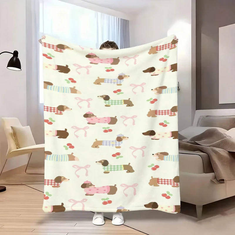 Plaid Dachshund Cherry Pattern Flannel Blanket For Playful Bedroom Decor Soft Warm Throw Blanket Wrap