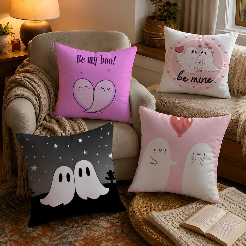 Anime Cute G-Ghost Couple Pillow Case Soft Plush Cushion Cover Double Print and Invisible Zipper for Sofa Home Car Use
