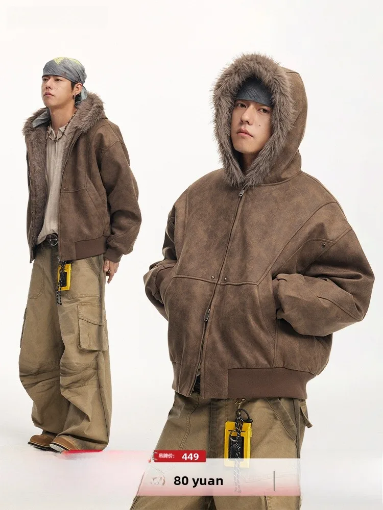

CoosRetro American Retro Men's Mountain Eagle Imitation Deer Skin Hooded Cotton Coat Warm Thiened Lamb Fur Jaet