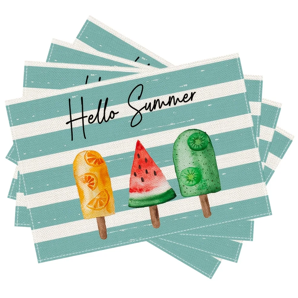 4/6/8pcs  Hello Summer Watercolor Popsicle Linen Placemats Set Of 4 Beach Theme Table Mats For Outdoor Picnic Party Decor