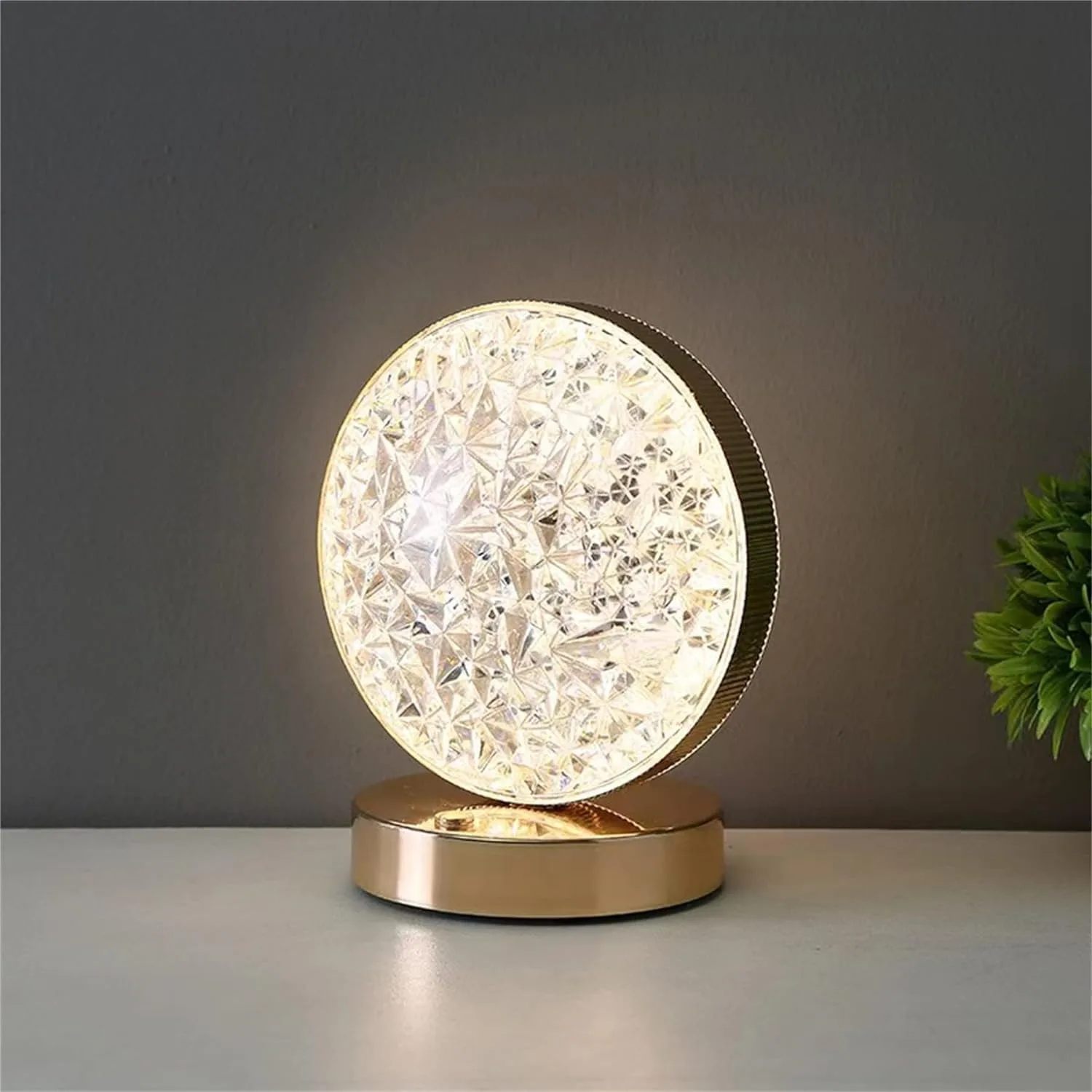 Round Diamond Crystal LED Night Light, Textured Bedside Lamp with Gold Base, Warm Light for Bedroom Decor