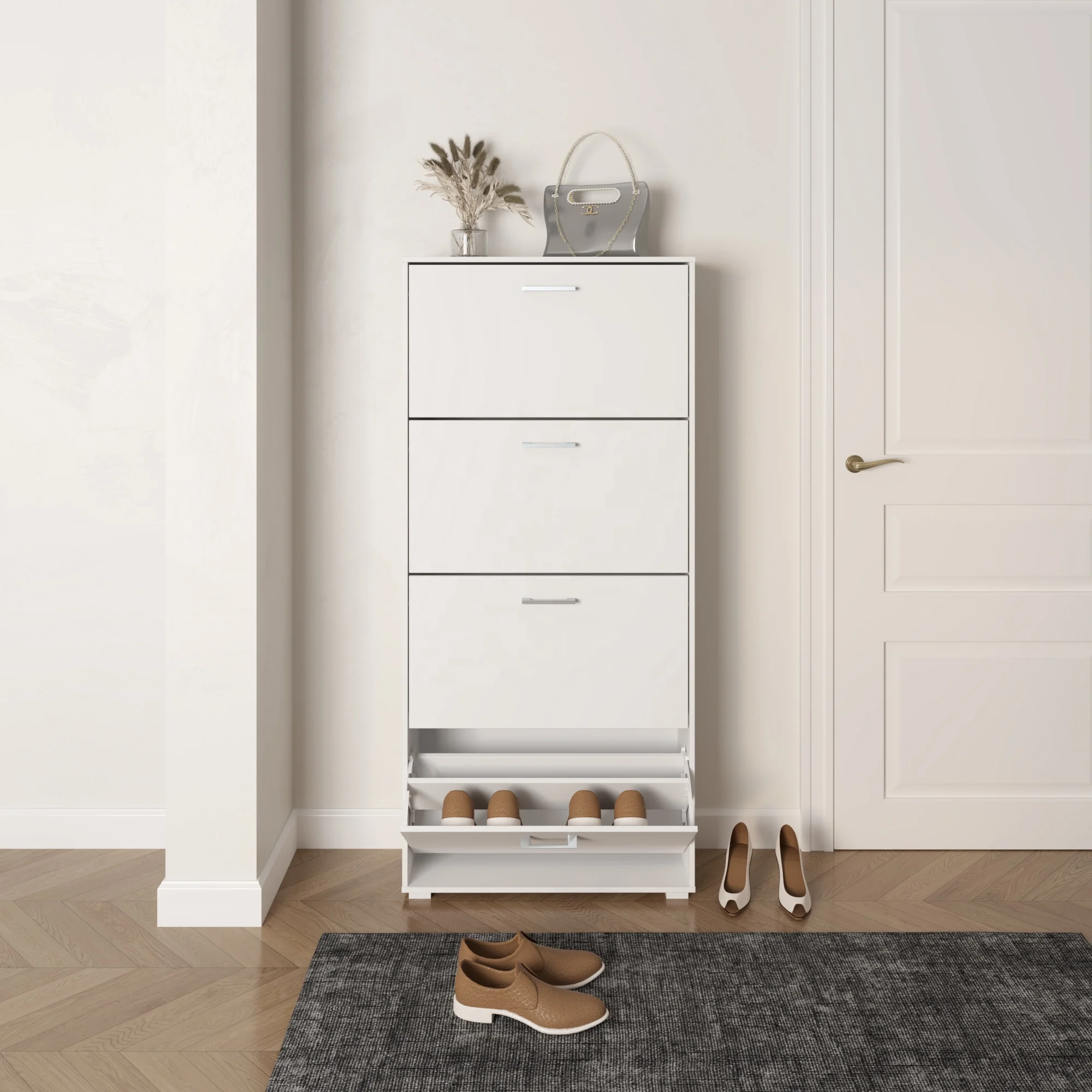 Moderner Schuhregalschrank, 4-stufiger Schuhschrank, Zapatera Ayakkabilik-Schuhregal aus Holz mit Aufbewahrungsschublade