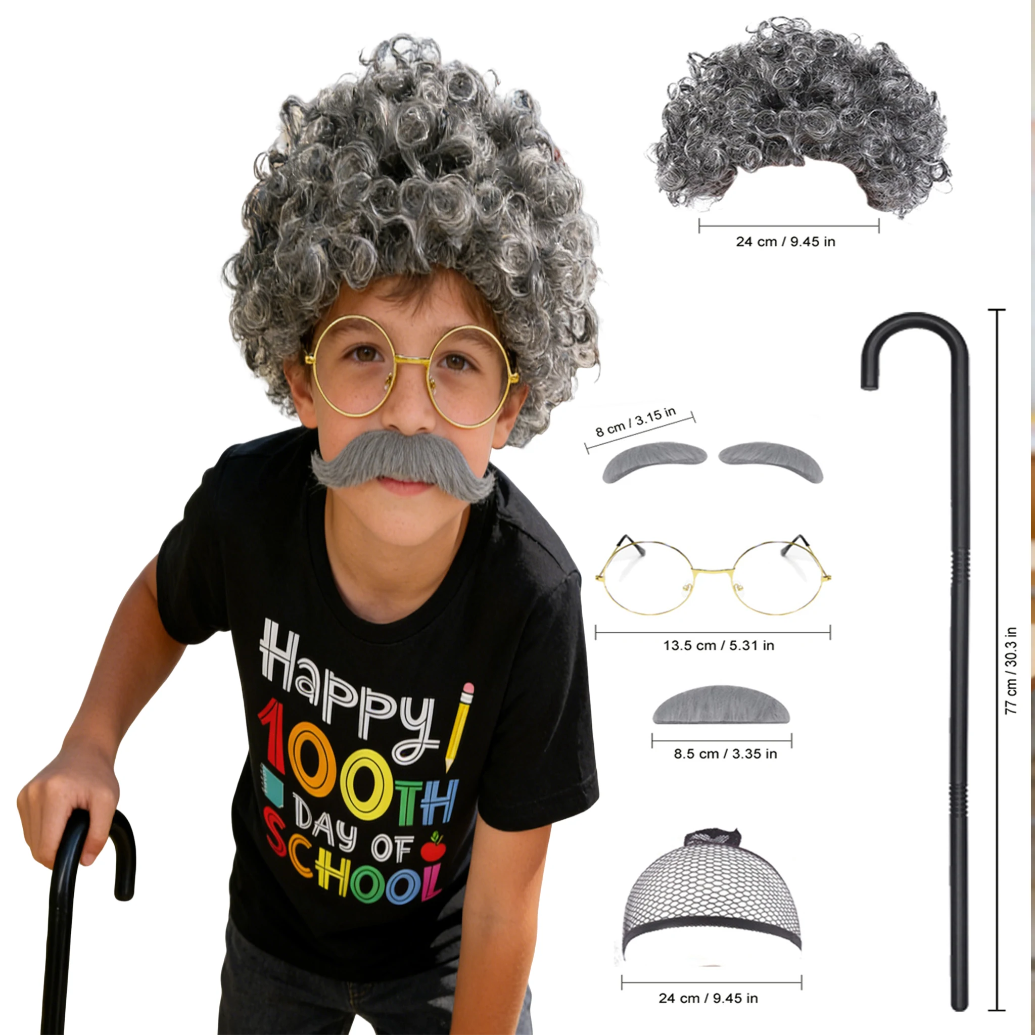 

100 Days Of School Old Man Costume and Accessories for Kids Boys Dress up Grandpa Hat Glasses,Old Person Mustache