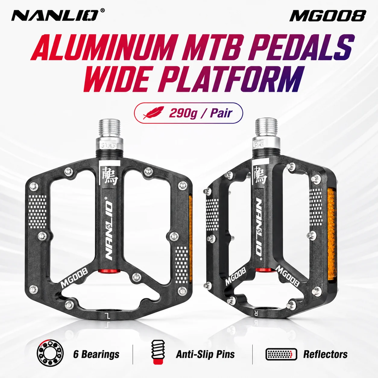 NANLIO MG008 MTB Flachpedale 290g/Paar Aluminium Breite Plattform 6 Gedichtete Lager Rutschfester Reflektor Mountainbike BMX Pedale