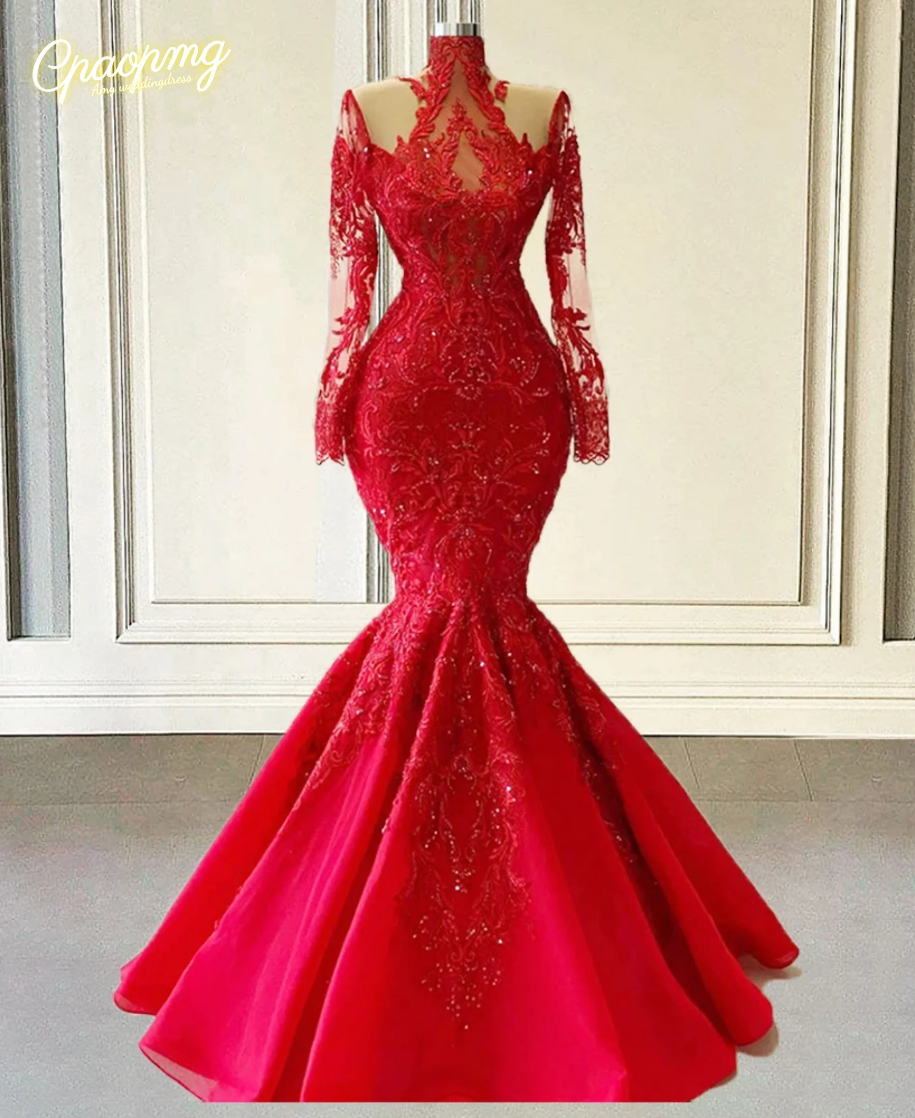 

Индивидуальные красные вечерние платья с длинными рукавами, роскошные, 2026, фасон «русалка», с высоким воротом, бисером и кружевом, для выпускного вечера и особых случаев