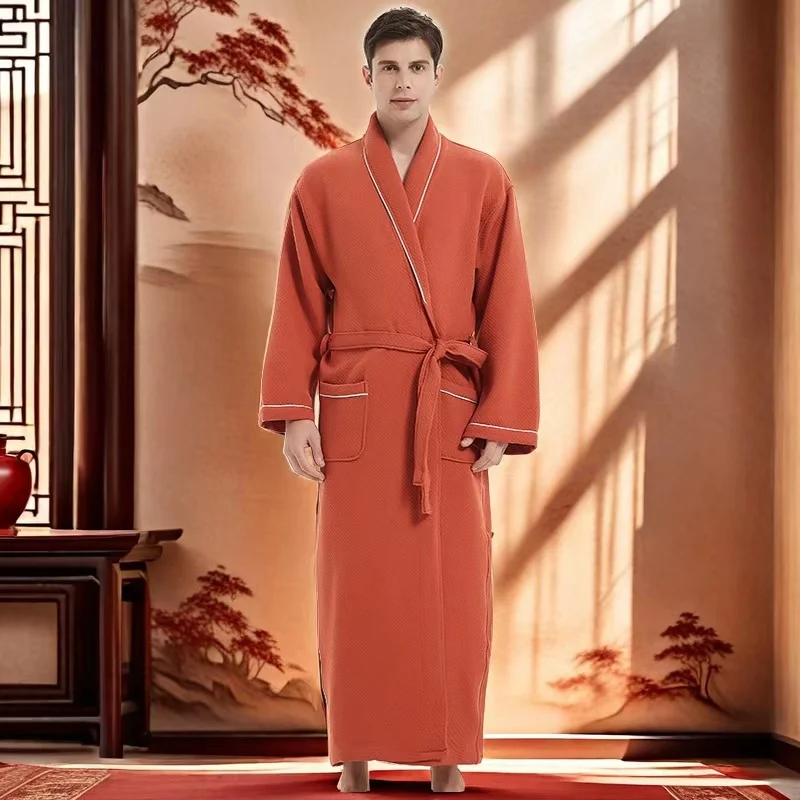 Men Shower Robe Towel Fleece Solid Color Soft Pockets Long Bath Robe Home Gown Sleepwear Bathrobe Pajama Man