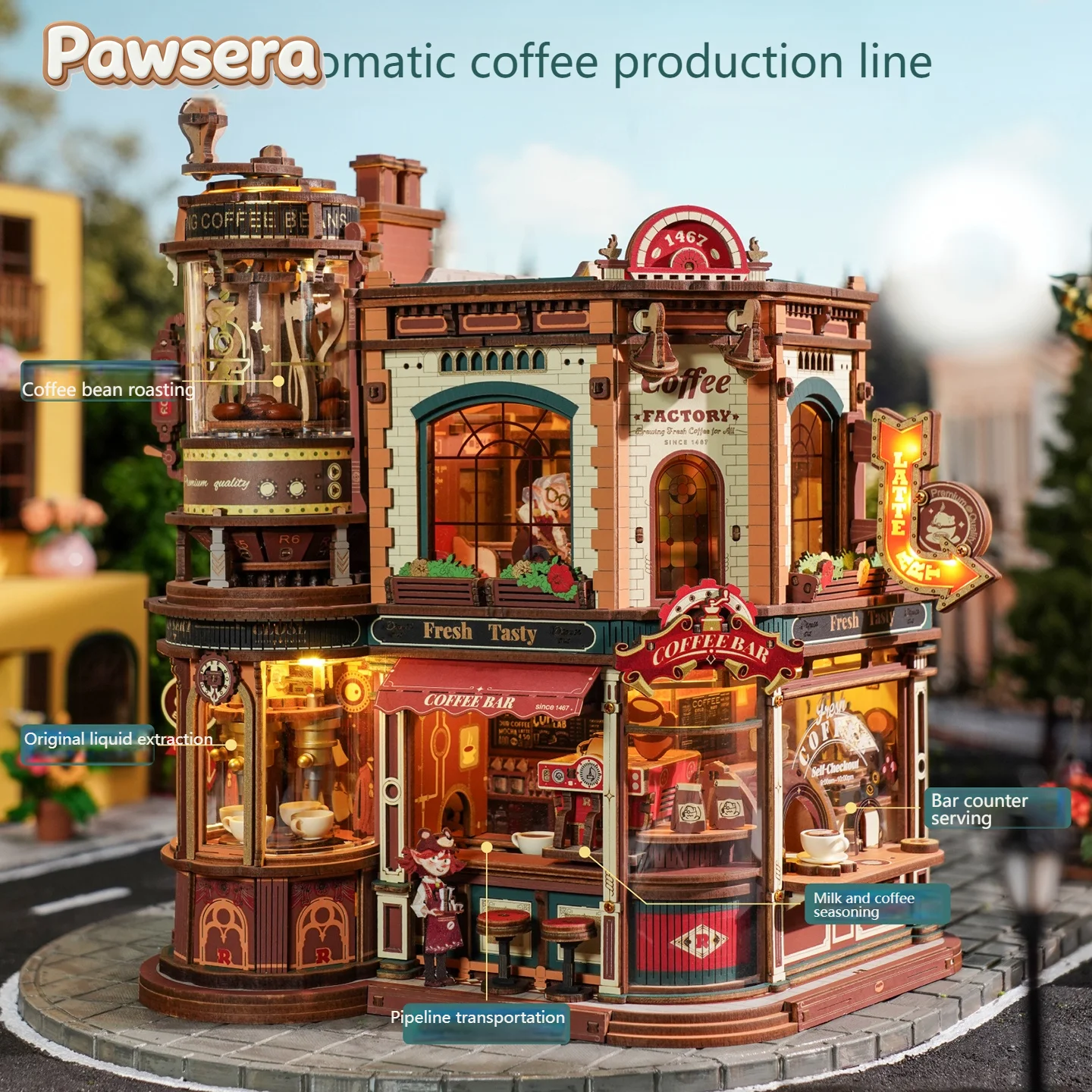 Pawsera DIY Coffee Factory Model Kit - 3D Wooden Puzzle for Adults with LED Lights, Music & Figurines, Unique Birthday Gift Idea