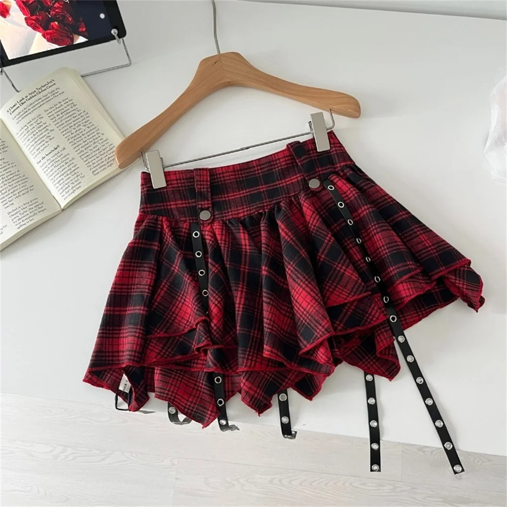 2000s Hot Girl Plaid Print Mini Cake Skirt Summer Irregular Hip Hop Costume Dance Skater Fashion Red High Waist Party Skirts 90s