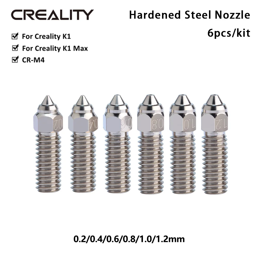 Creality bocal k1 de aço endurecido, 6 peças, 0.2/0.4/0.6/0.8/1.0/1.2mm, cobre banhado a alta temperatura, resistente ao desgaste, impressora 3d