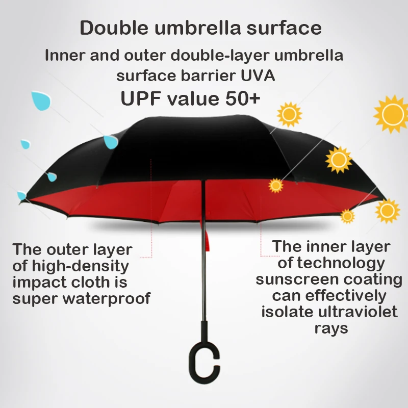 Long Shank Double Layer Inverted Umbrella Windproof Reverse C-Hook Male Golf Umbrella Reverse Umbrellas For Car Birthday Gift