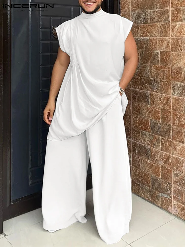 INCERUN 2023 Men Sets Muslim Clothing Plain Baggy O-neck Short Sleeve T Shirt & Wide Leg Pants Two Pieces Sets Men Casual Suits