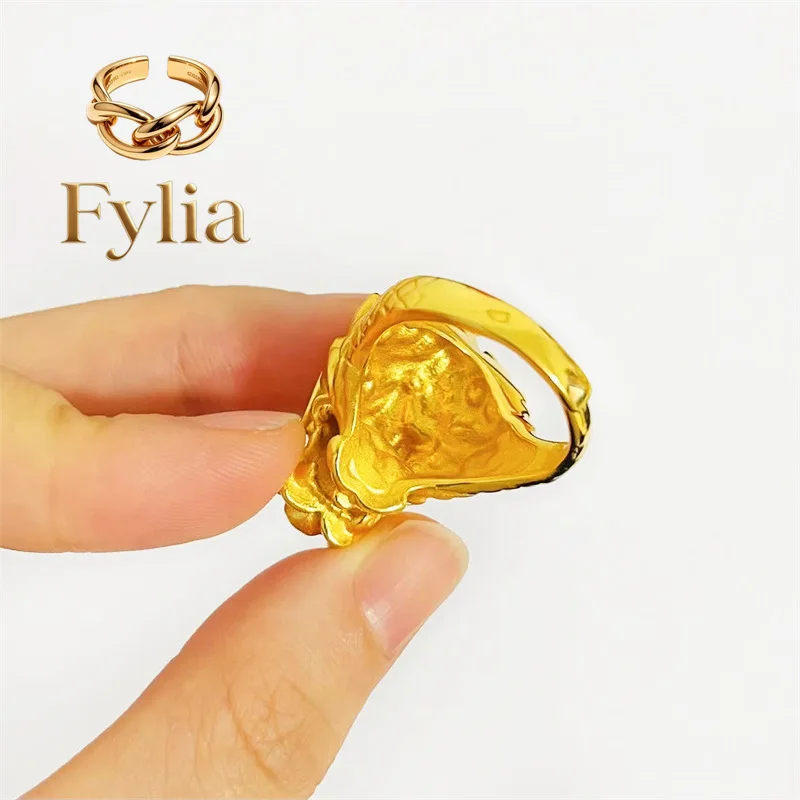 Fylia Jewelry   9999 24K Pure Gold Jewelry Zodiac Dragon Head Adjustable Ring with Engraved Dragon Design, Fashionable