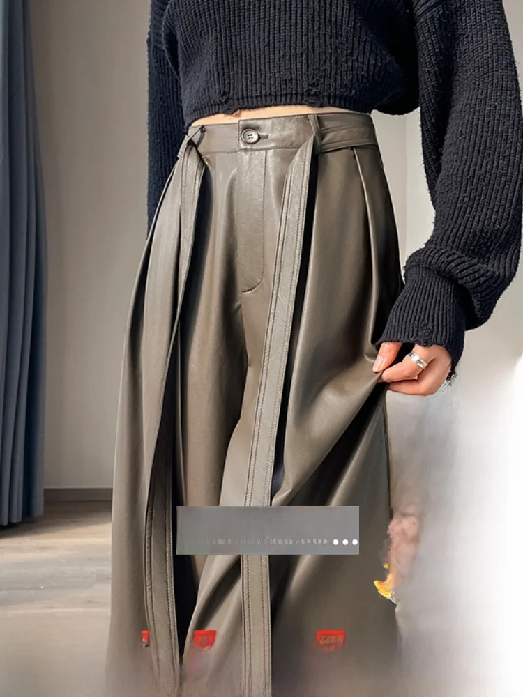 

Caramel PU Leather Pants Women's plus Size Casual Wide Leg Long Trousers Fleece Lined High Waist Straight Cut Commute Style