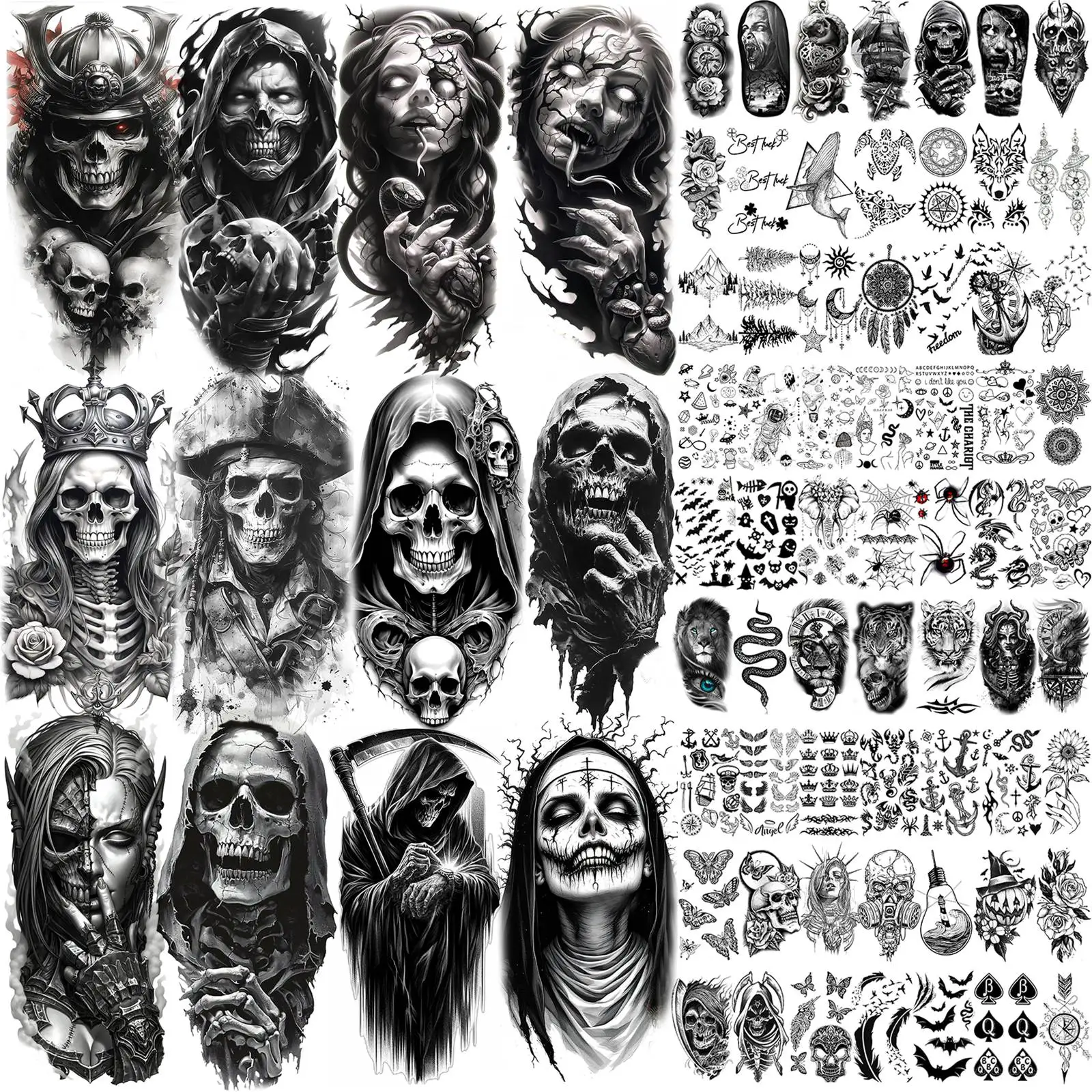 

75 Sheets Horrible Grim Reaper Skull Temporary Tattoos Halloween Scary Vampire Tatoos Waterproof Realistic Fake Tattoo Stickers