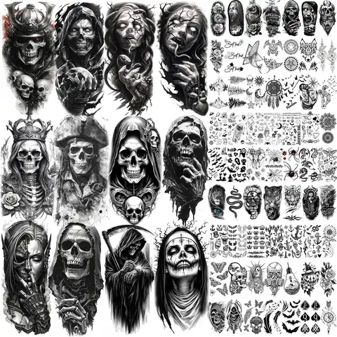 75 Sheets Horrible Grim Reaper Skull Temporary Tattoos Halloween Scary Vampire Tatoos Waterproof Realistic  Fake Tattoo Stickers