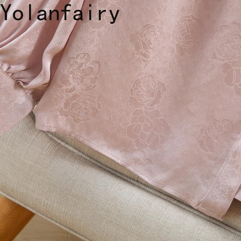 YOLANFAIRY New 100% Natural Mulberry Silk Shirt Woman Jacquard Long Sleeve Tops Breathable Shirts Damen Elegant Women Pink Shirt
