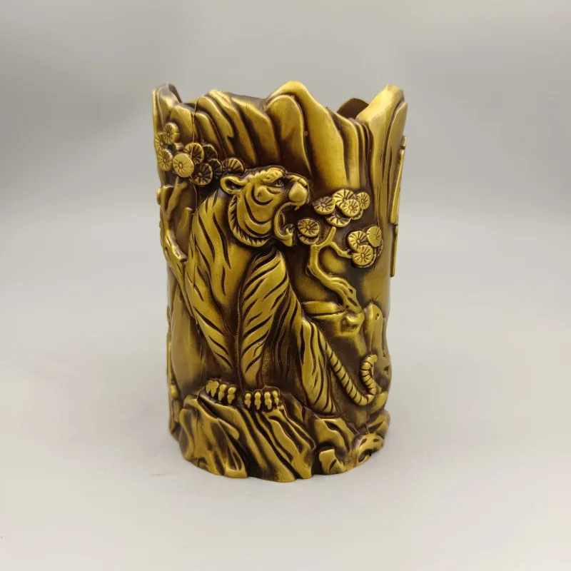 

Bronze Collectible Copper Ornament Mountain Tiger Copper Pen Holder Home Decor Desktop Creative Gift Craft