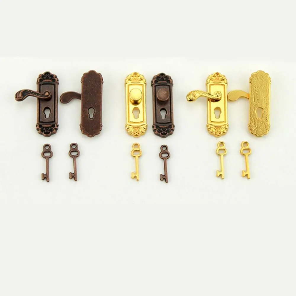 1:12 DIY Pretend Play Toy Gold Bronze Doll House Accessories with Keyhole Knobs Keys Set Miniature Door Handles Kids Gift