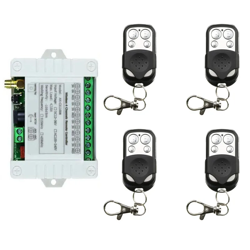 Smart Multiple DC 12V 24V 36V 433MHz 4 CH 4 Channel Wireless 10A Relay RF Remote Control Switch Receiver + 4CH Metal Transmitter