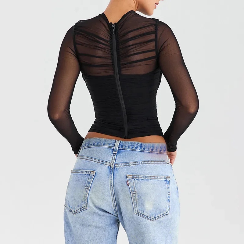 

Women's Sexy Mesh See-through Crop Tops with Back Zipper Spring Summer Long Sleeve Midriff Tops Solid Colors T Shirts YWFD005