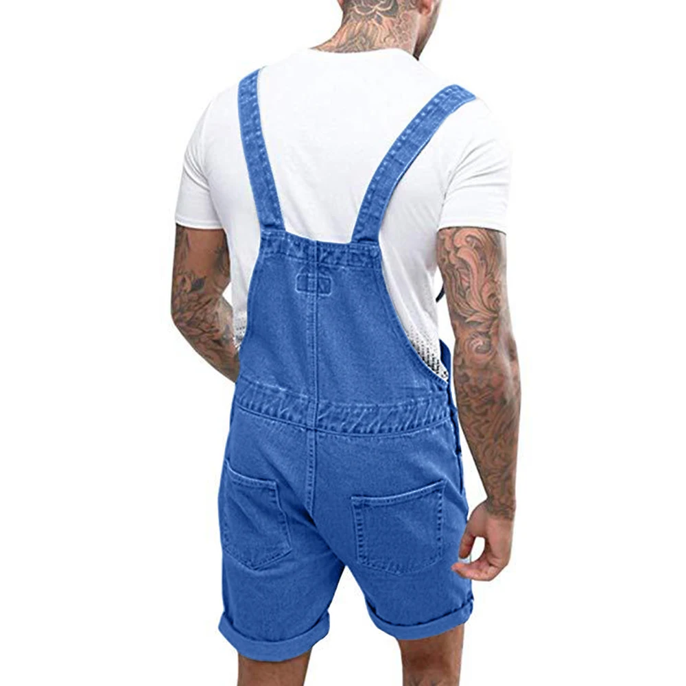 Men\'s Vintage Jeans Overalls Solid Color Elastic Denim Jumpsuit With Pockets Men Summer New Casual Button Suspenders Short Pants