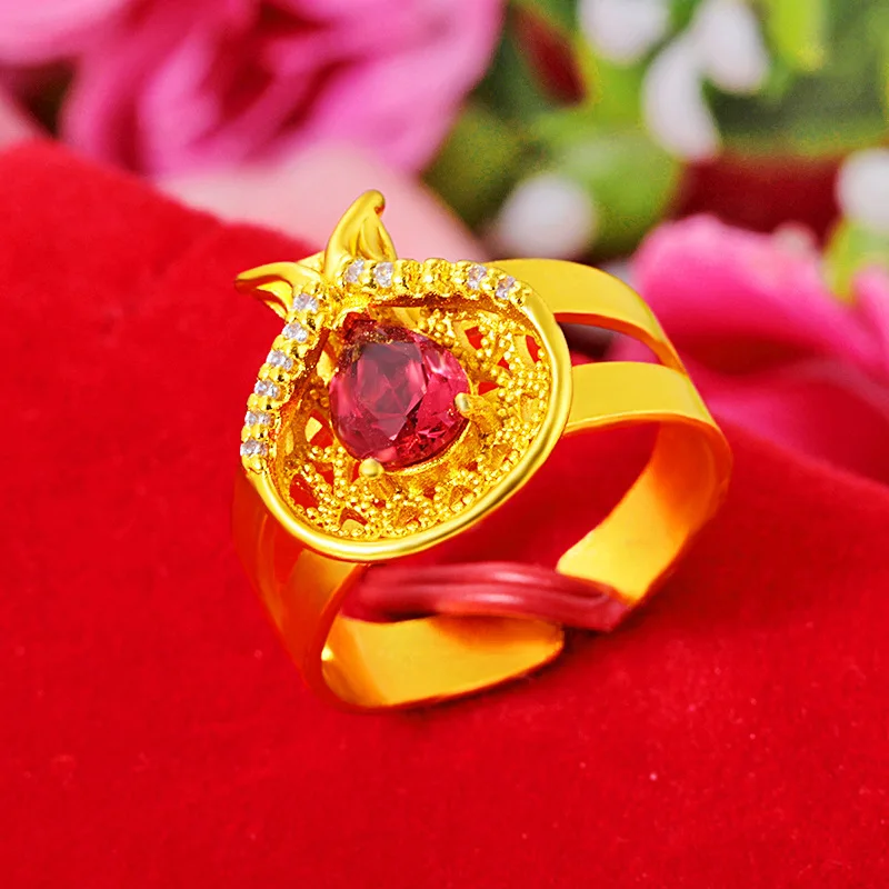Glossy & Translucent Inlaid Green Gemstone Ring For Women 24K Gold AU999 | Lustrous green gem, dazzling shine
