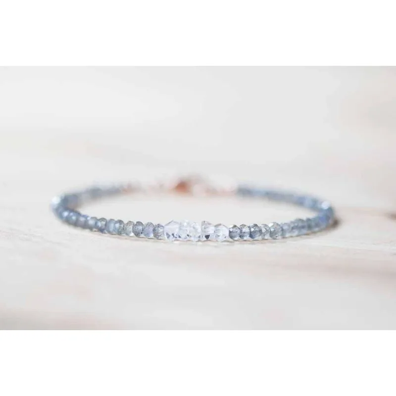 Labradorite and Herkimon diamond bracelets, exquisite quartz crystal jewelry, beaded labradorite bracelets